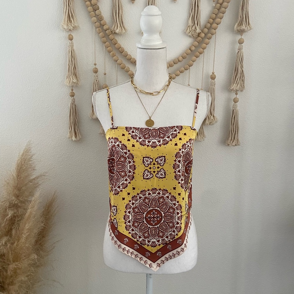 Rachel Zoe bandana scarf top yellow tank top cropped shirt satin paisley small